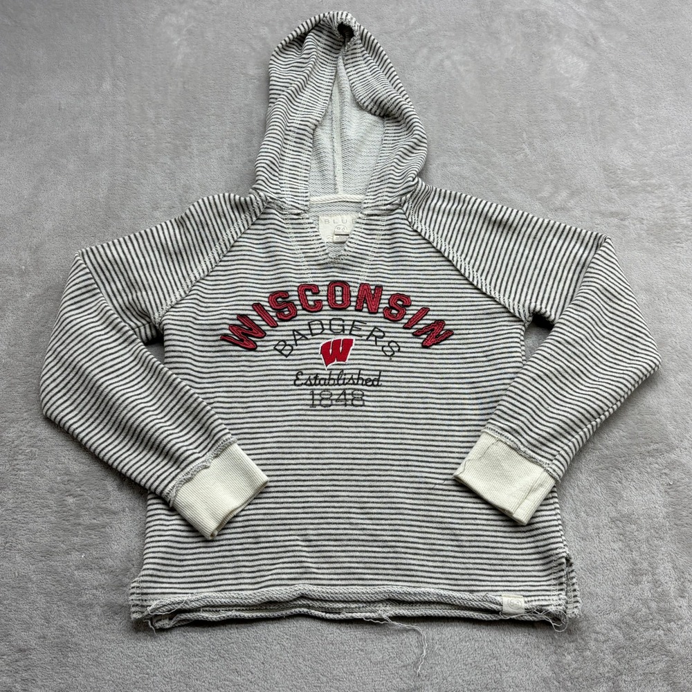 Wisconsin Badgers Hoodie Women's S White Striped Raglan Raw Hem Sporty Game Day